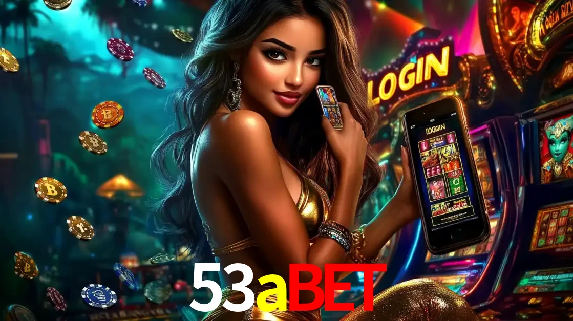Mulher em um cenário de cassino temático de aventura, mostrando o app de caça-níqueis da 53abet no celular. Fichas de apostas flutuam ao redor.