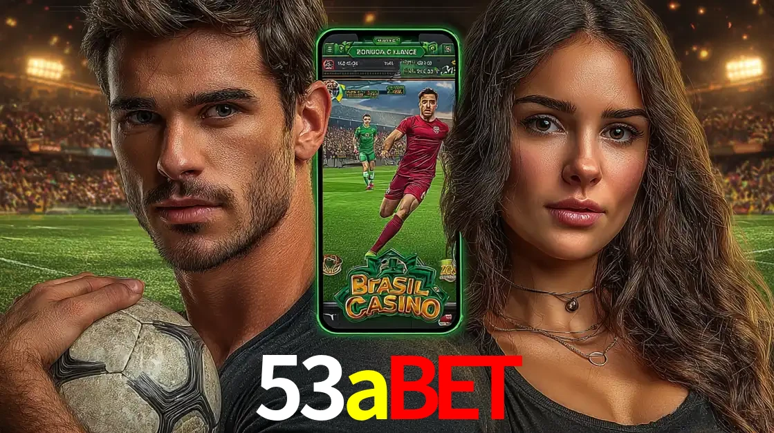 Homem segurando uma bola de futebol e uma mulher ao lado de um smartphone exibindo o jogo de apostas esportivas da 53abet. Faça seu palpite no cassino online.